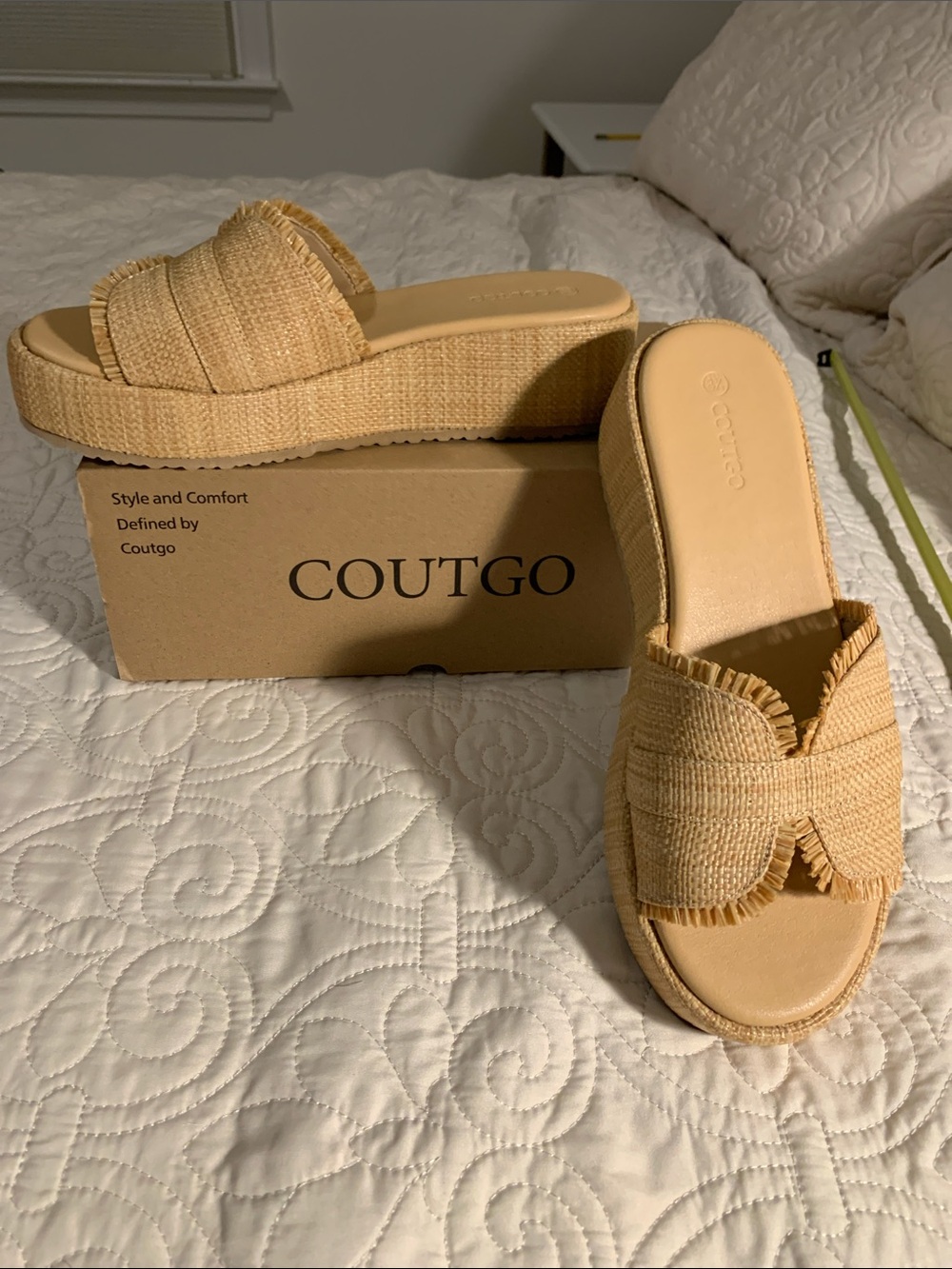 Coutgo Tan Raffia Platform Slide Mules